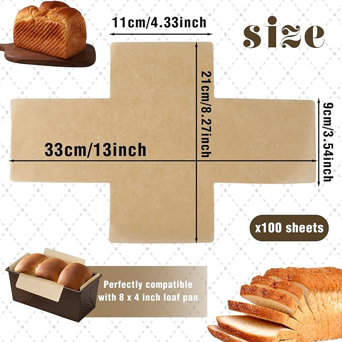 100 Pcs Loaf Pan Liners 8x4 inches, Non-Stick Parchment Paper for Baking, Disposable Greaseproof Paper for Bread, Toast, Sourdough, Cakes, Banana Bread
