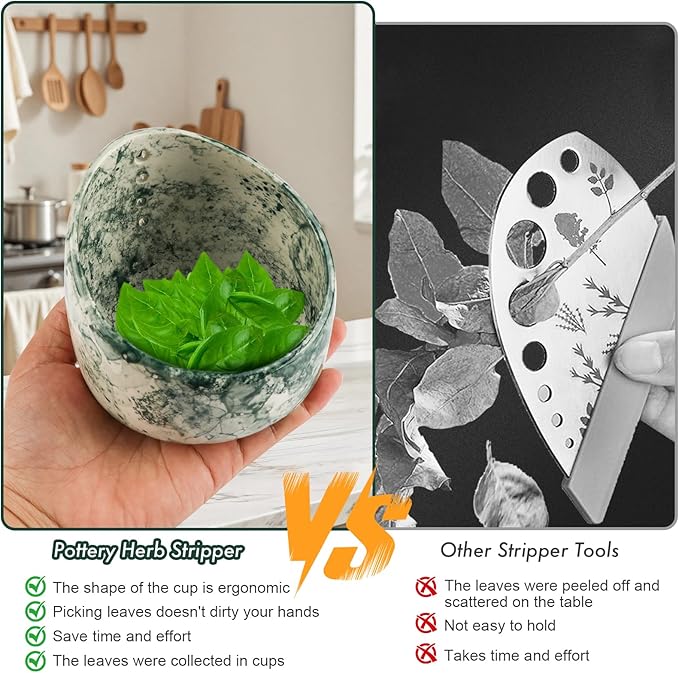 Pottery Herb Stripper Bowl, Handmade Ceramic Herb Peeling Bowl for Leaf Remover, Pottery Herb Stripper Bowl for Separating Leaves from Stems - Basil, Herbs, Parsley (Green Glaze)