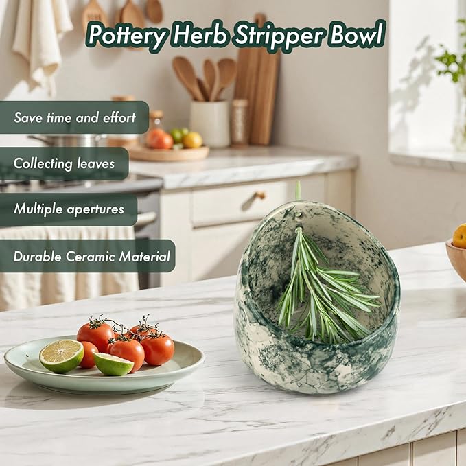Pottery Herb Stripper Bowl, Handmade Ceramic Herb Peeling Bowl for Leaf Remover, Pottery Herb Stripper Bowl for Separating Leaves from Stems - Basil, Herbs, Parsley (Green Glaze)
