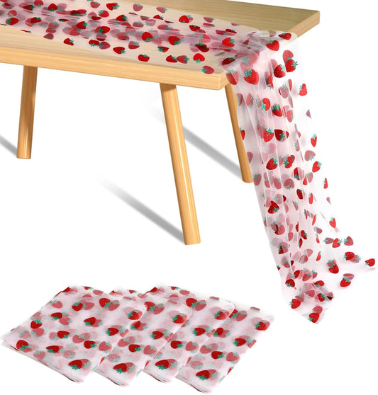 4 Pack Pink Strawberry Glitter Tulle Table Runner, 29 x 70 inch Shiny Lace Strawberry Tablecloth for Birthday Wedding Party Decorations Home Kitchen Table Decor